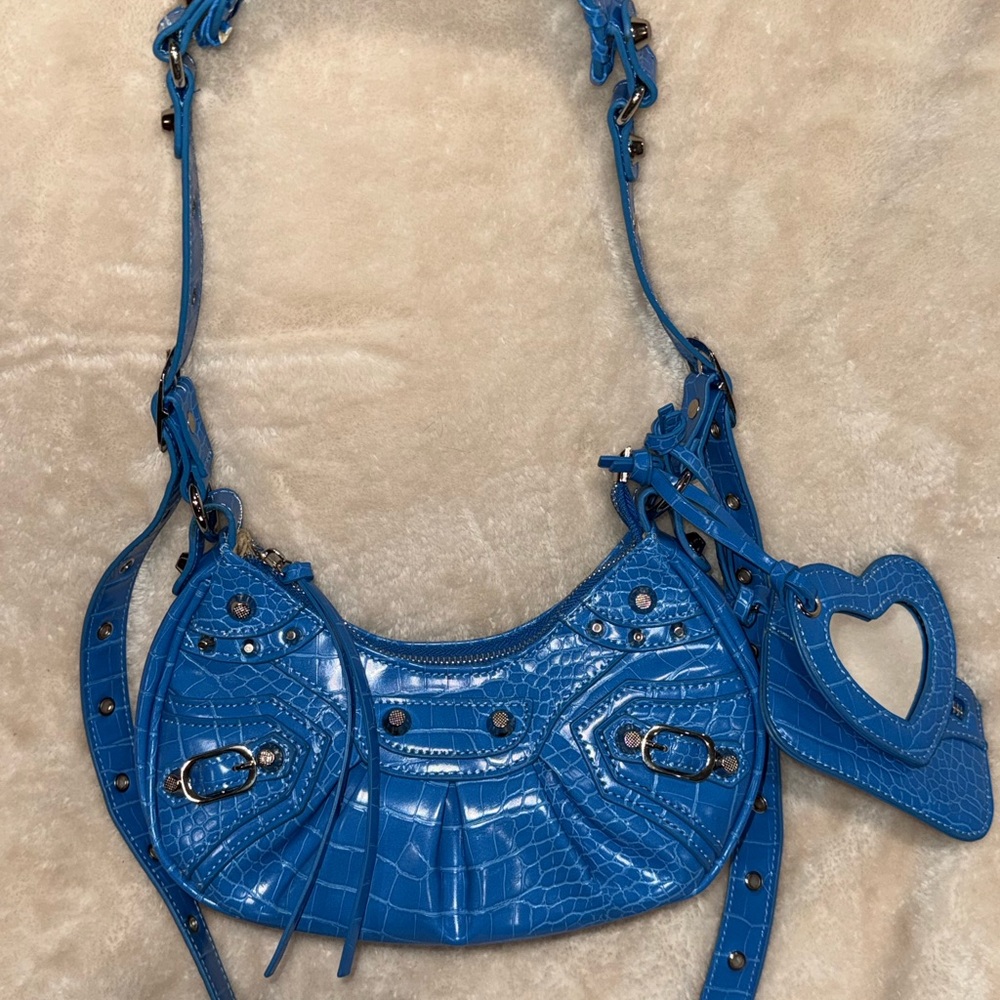 Y2K Grunge Electric Blue Studded Croc Shoulder Bag Attached Heart Mirror Wallet - Picture 3 of 16